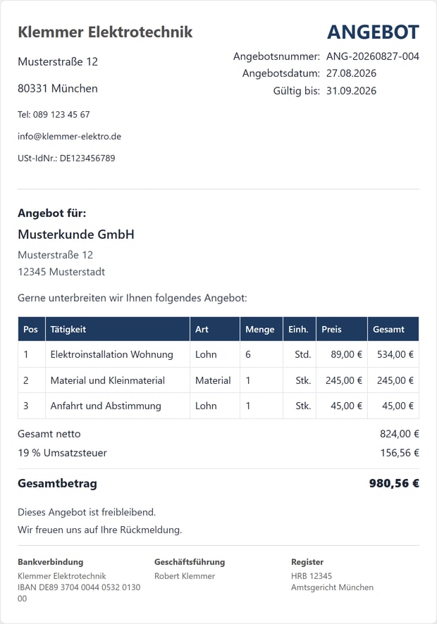 Beispiel-Angebot im klassischen PDF-Layout mit Testdaten (Klemmer Elektrotechnik, Musterkunde GmbH)