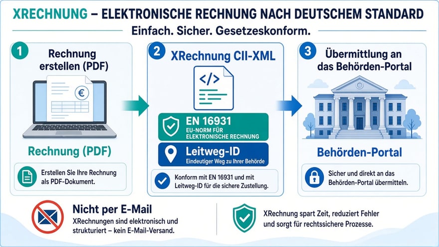 Erklärbild XRechnung: Rechnung als PDF, separater CII-XML-Export mit Leitweg-ID und Einreichung über Behörden-Portal – nicht per E-Mail (KI-generiertes Bild)