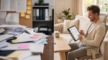 Vorher-Nachher: Papierchaos links, ruhige digitale Arbeit am Tablet rechts (KI-generiertes Bild)