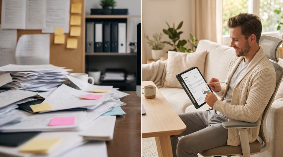 Vorher-Nachher: Papierchaos links, ruhige digitale Arbeit am Tablet rechts