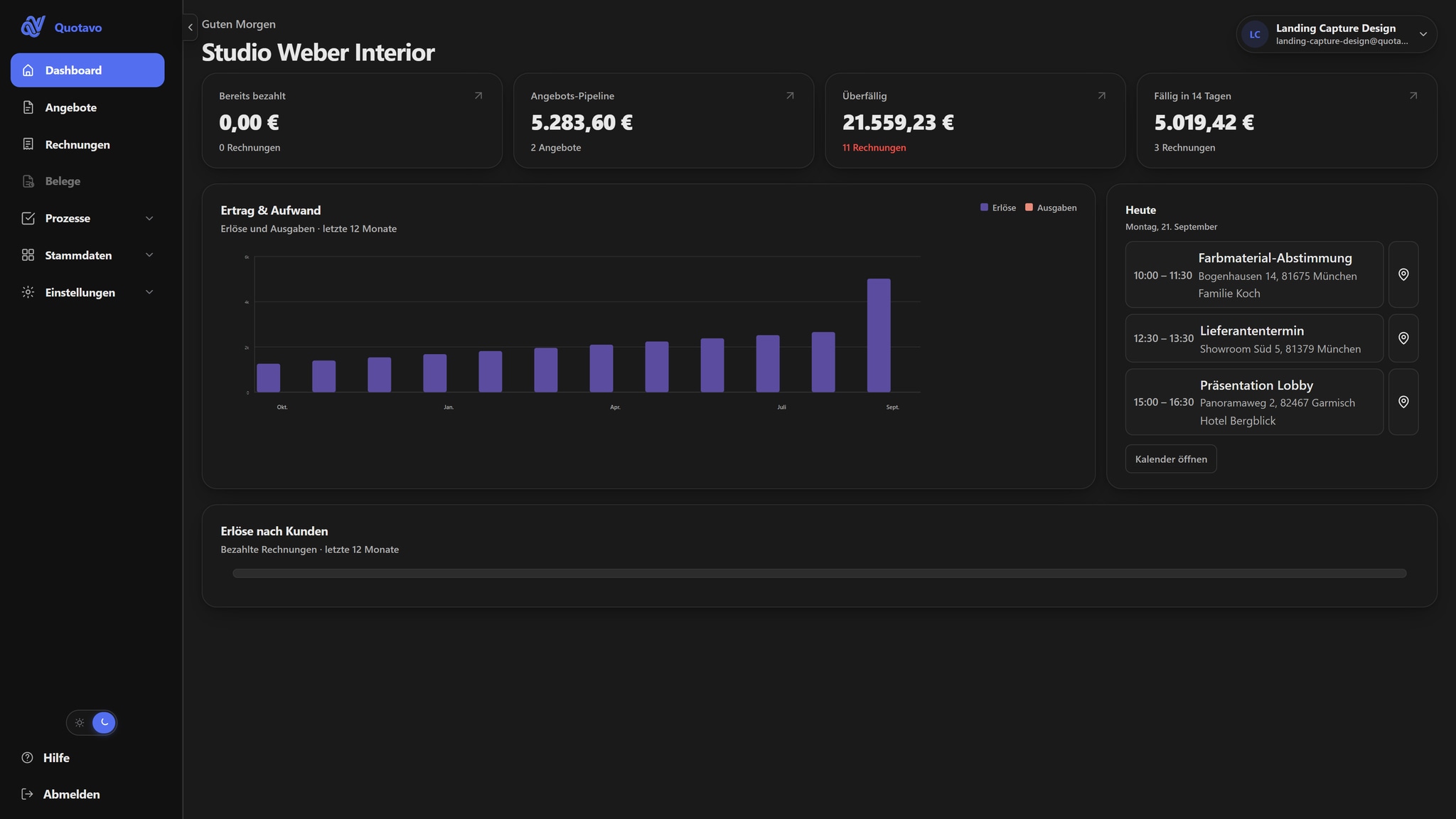 Quotavo Dashboard für Design- und Projektaufträge mit Kunden und Rechnungen