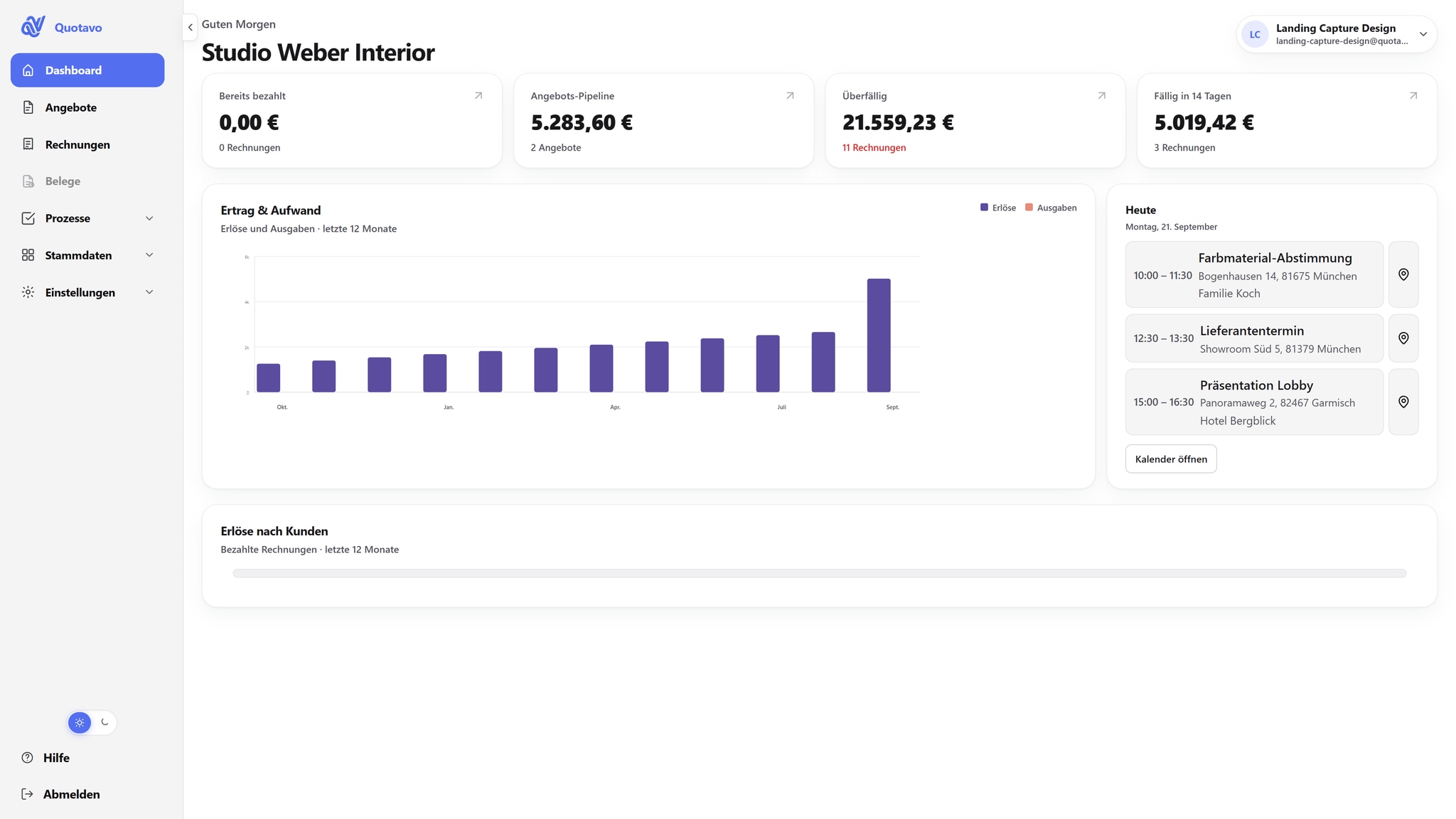 Quotavo Dashboard für Design- und Projektaufträge mit Kunden und Rechnungen