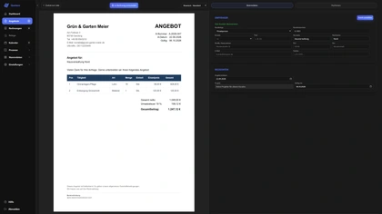 Quotavo Angebotsbearbeitung mit PDF-Vorschau links und Einstellungen rechts
