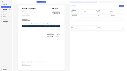 Quotavo Angebotsbearbeitung mit PDF-Vorschau links und Einstellungen rechts