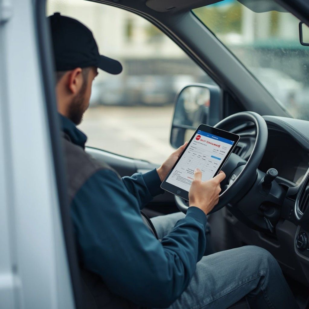 Handwerker nutzt Quotavo auf dem Tablet im Fahrzeug